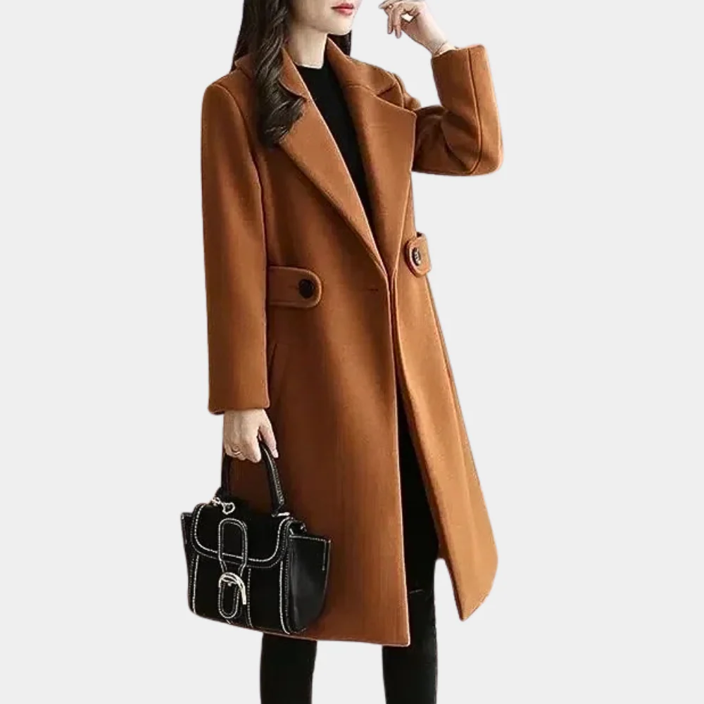Camel wool blend women's tailored knee-length coat with wide lapels and single-breasted closure