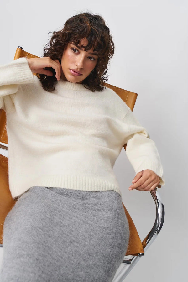 Women's oversized mid-length pullover sweater soft wool-feel fabric ribbed trim cozy chic silhouette