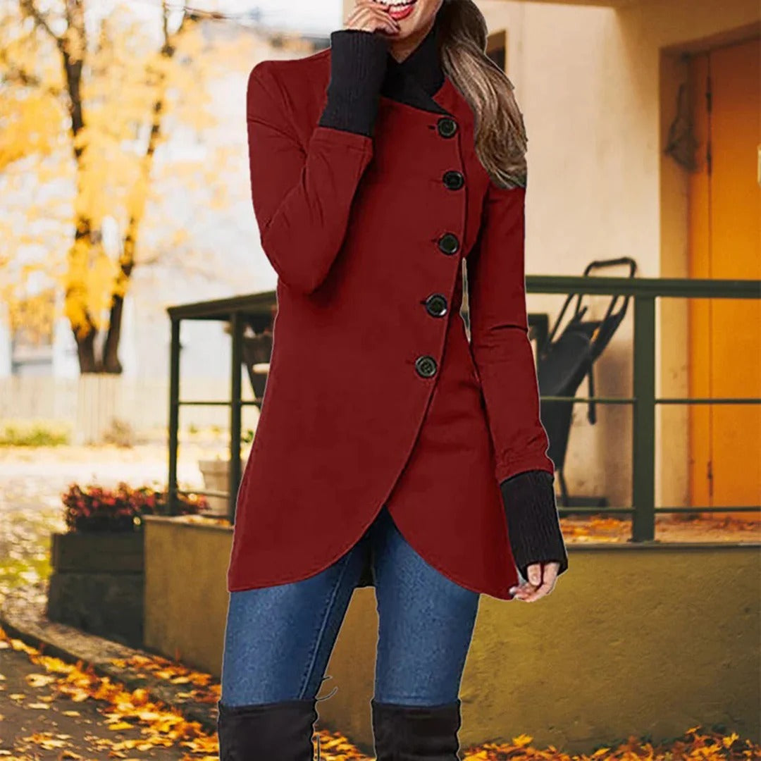 Black asymmetrical button women's jacket tailored fit high collar mid-thigh length diagonal closure