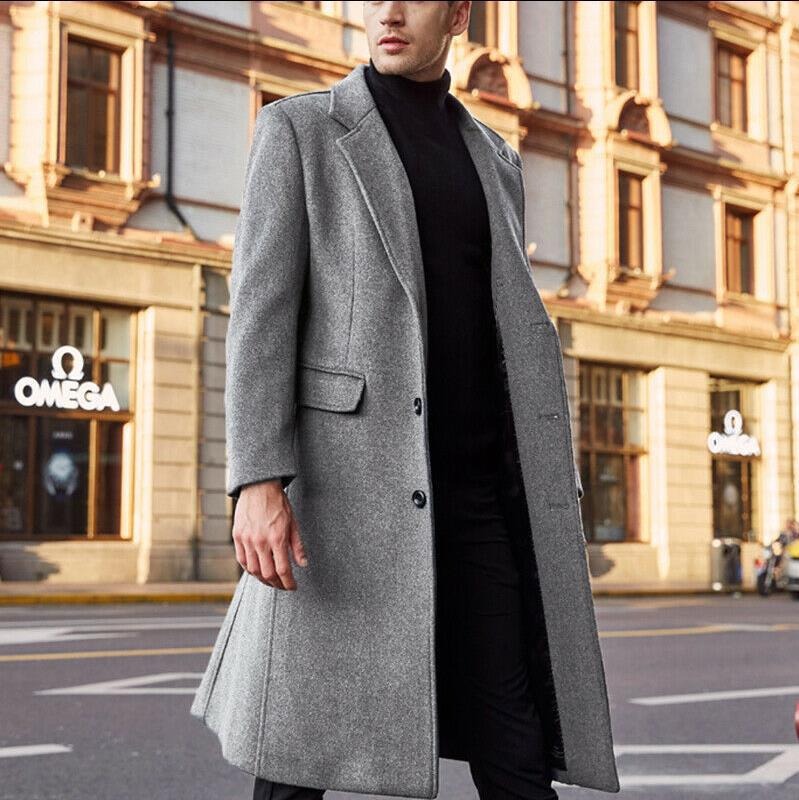 Men's wool-blend tailored long trench coat with sophisticated matte finish for polished everyday wear