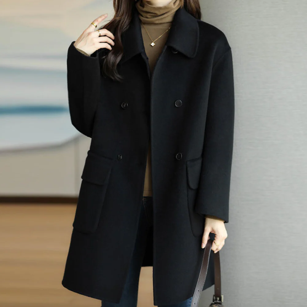 Women's structured wool coat double-breasted notched collar tailored fit for working professional style