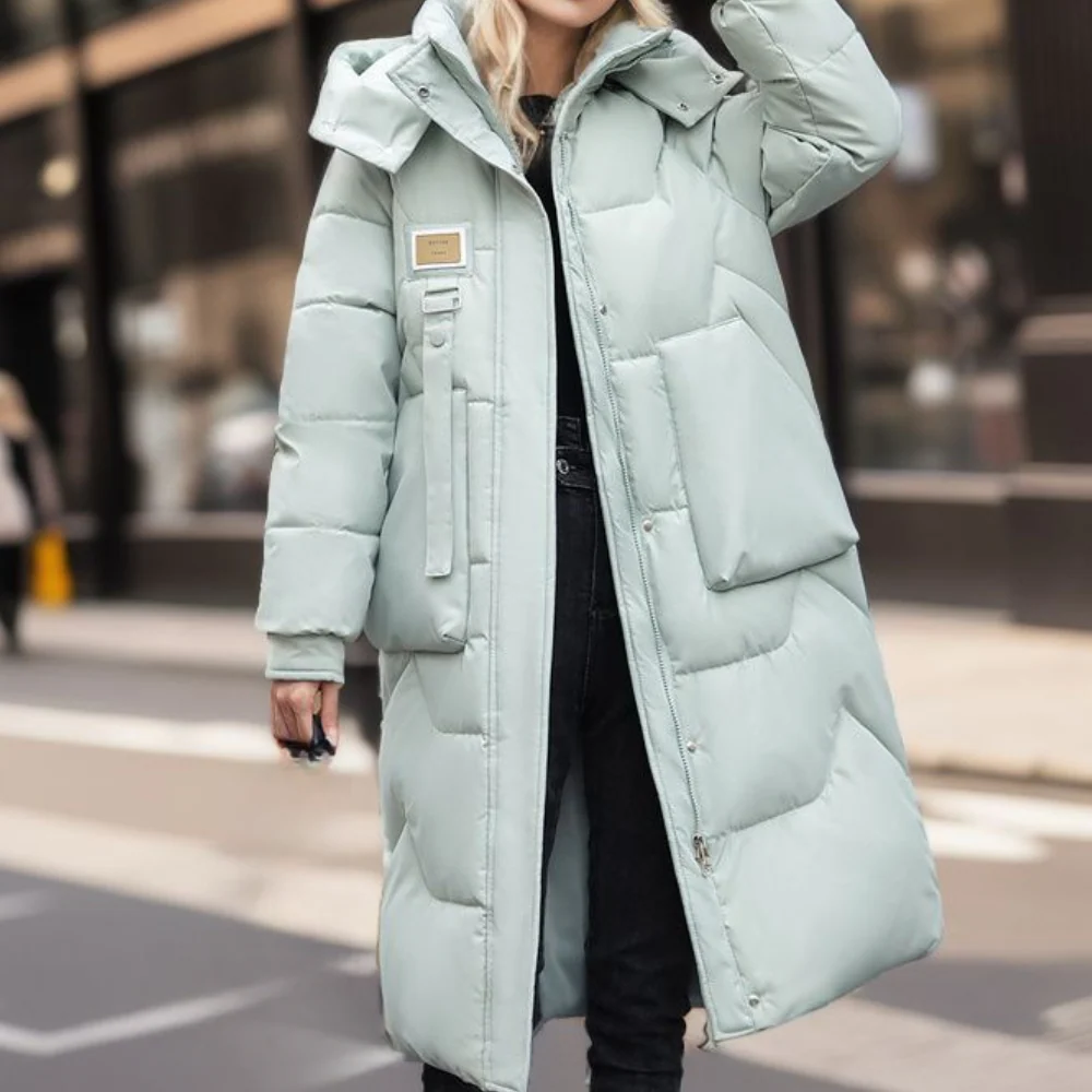 Women's full-length oversized quilted coat with hood, water-resistant, cozy winter warmth