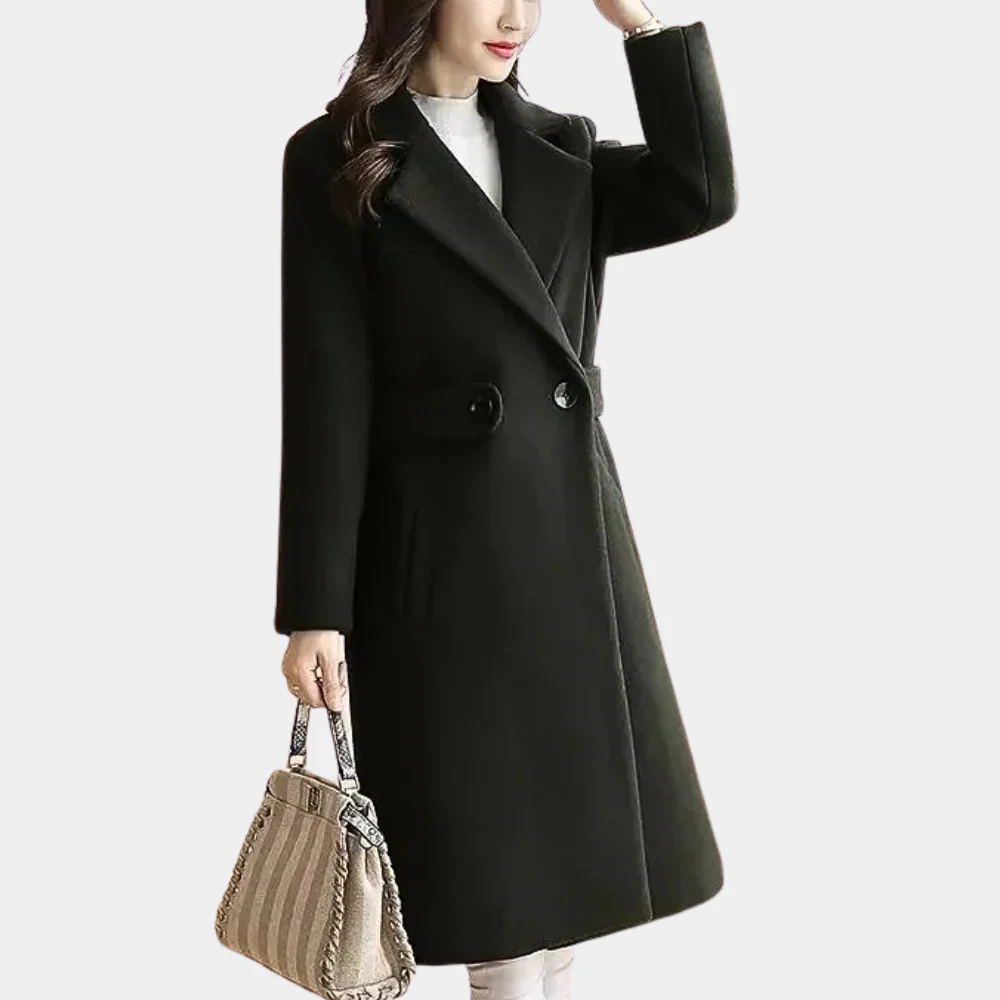 Camel wool blend women's tailored knee-length coat with wide lapels and single-breasted closure
