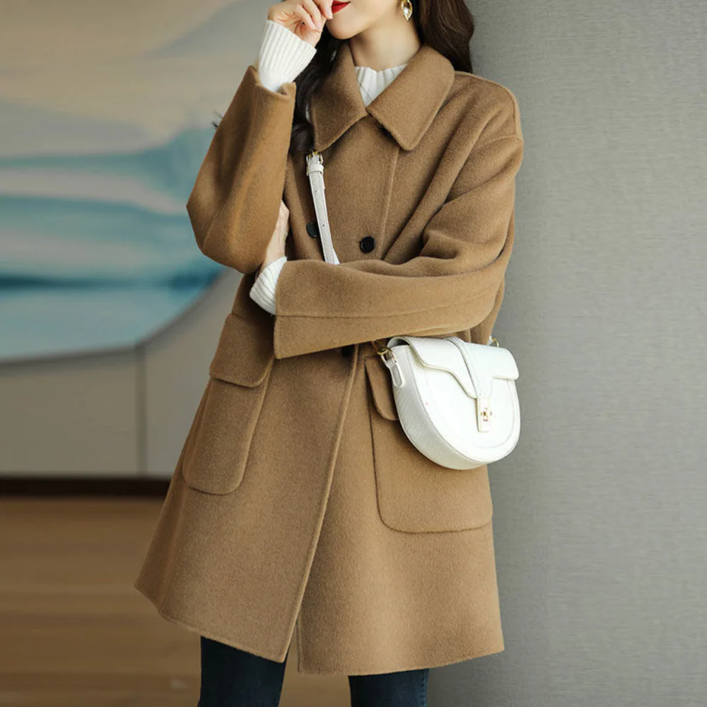 Women's structured wool coat double-breasted notched collar tailored fit for working women