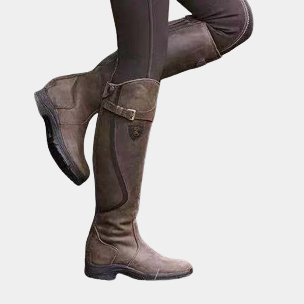 Women's knee-high boots slim fit water-resistant suede look with strap buckle detail