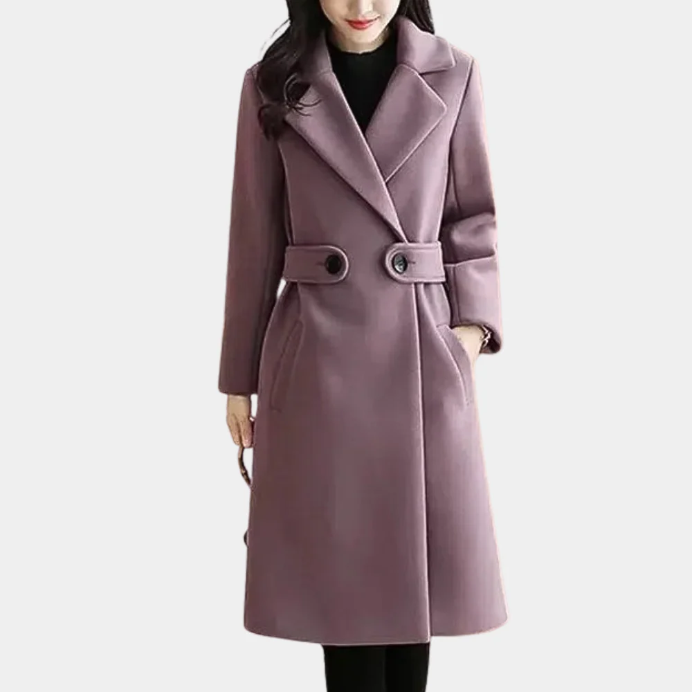 Camel wool blend women's tailored knee-length coat with wide lapel and single-breasted closure
