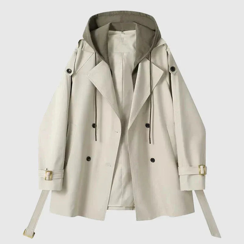 Women's oversized hooded cotton trench coat, double-breasted belted silhouette for a polished modern look