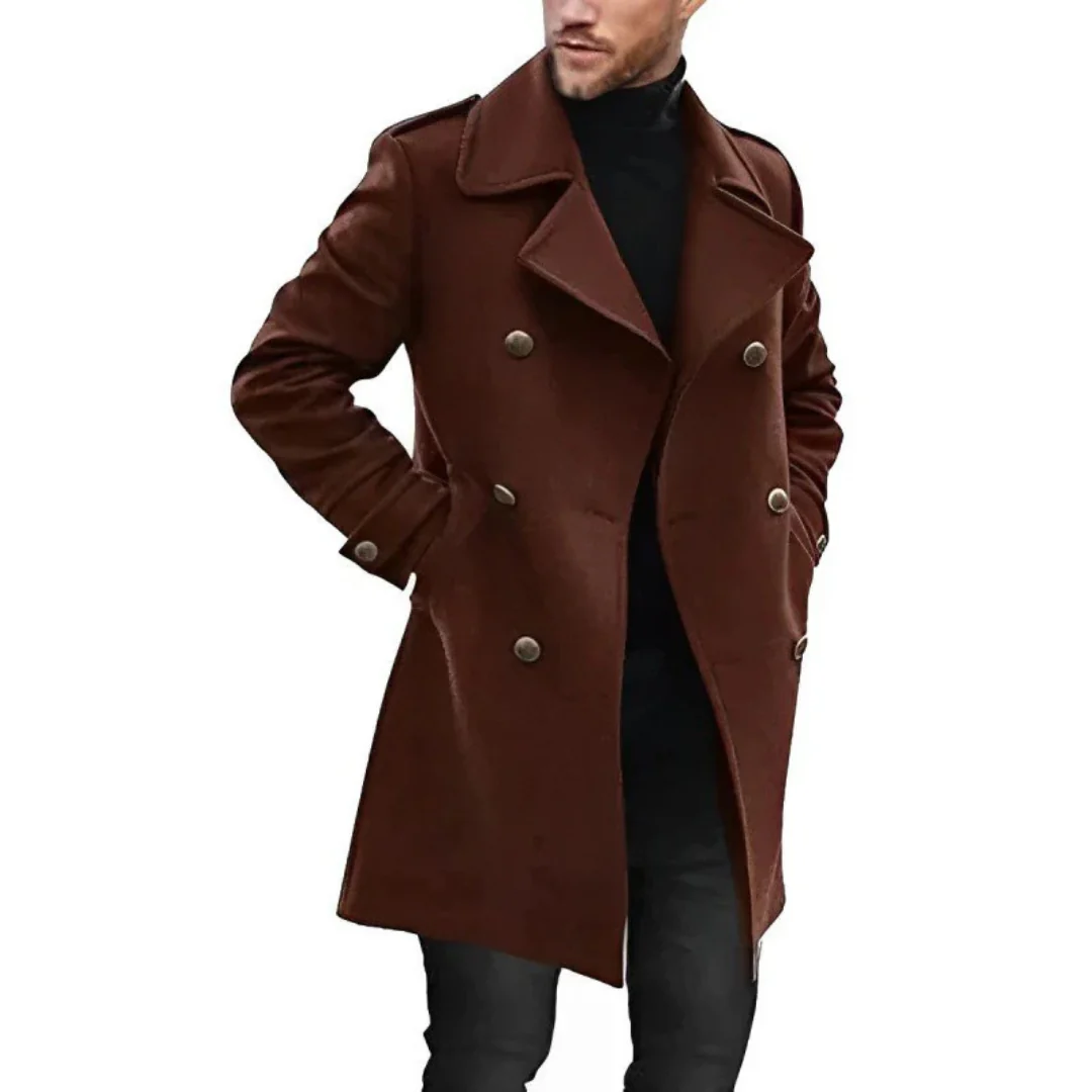 Men's wool blend double breasted trench coat tailored mid-length silhouette for modern professionals