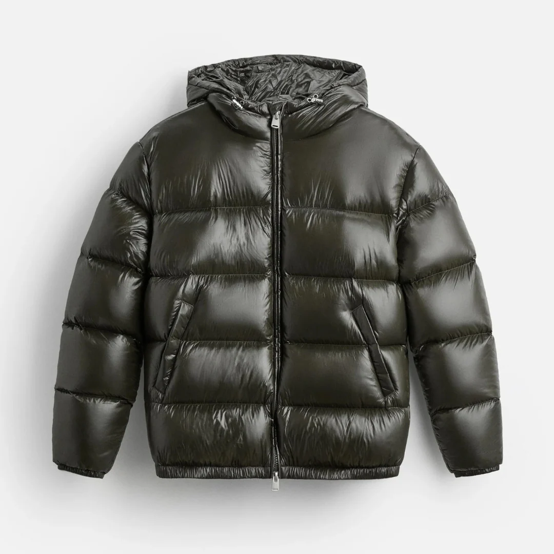 Men's shiny hooded quilted puffer jacket lightweight waterproof insulated glossy exterior