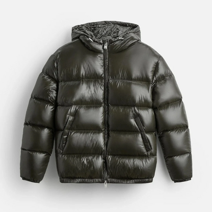 Men's shiny hooded quilted puffer jacket lightweight waterproof insulated glossy exterior