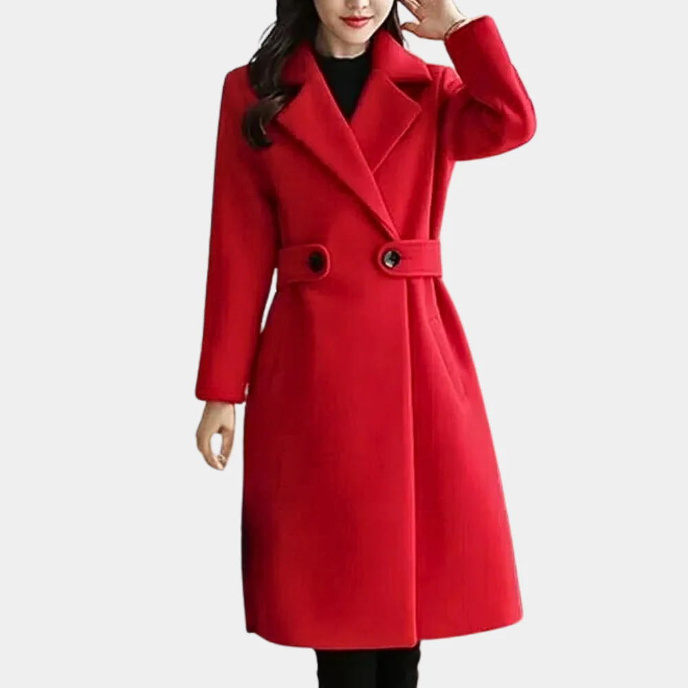Women's camel wool blend tailored coat knee-length single-breasted wide lapel polished silhouette