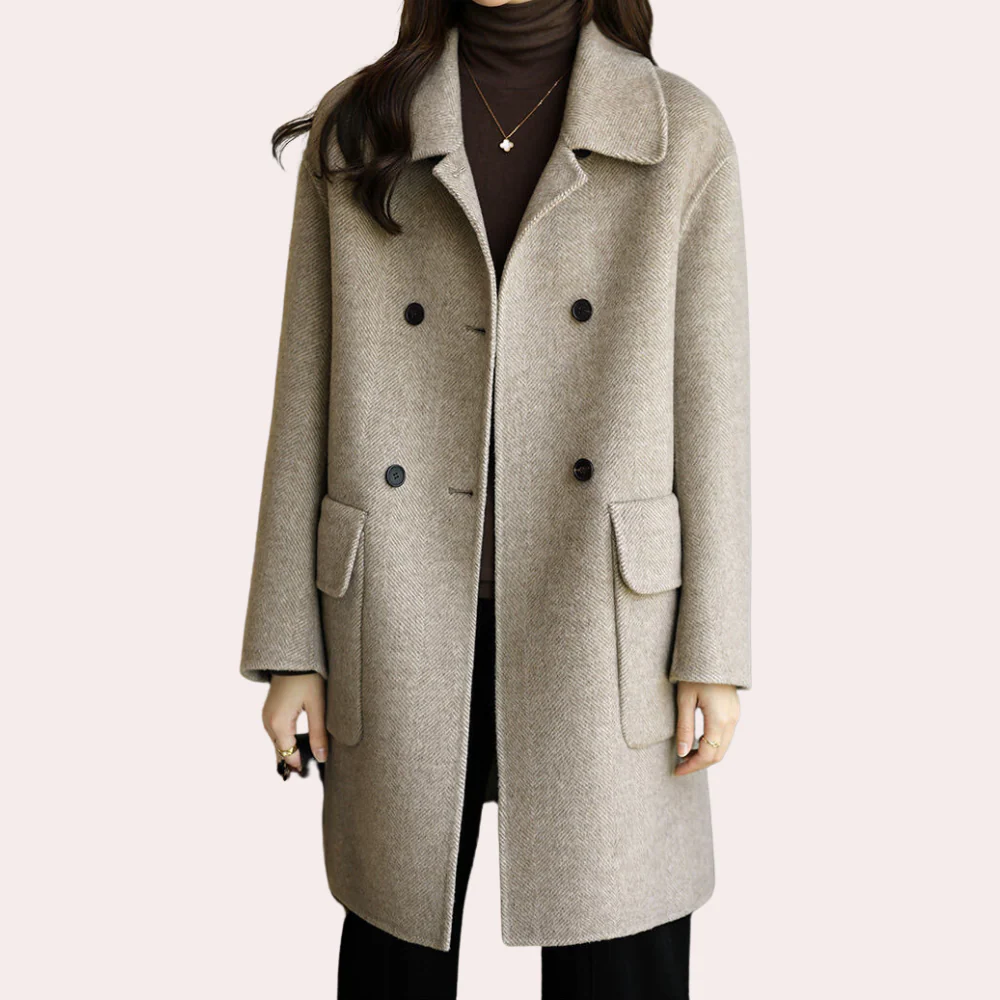Women's structured wool double-breasted coat with notched collar, tailored fit for professional style