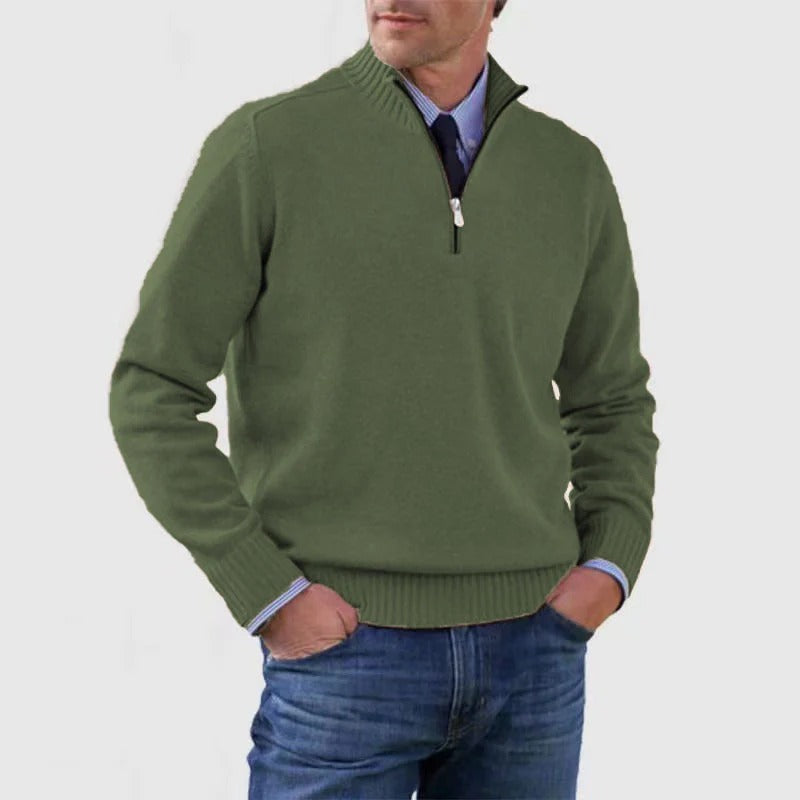 Men's navy quarter zip knit sweater business casual slim fit with adjustable zip neckline