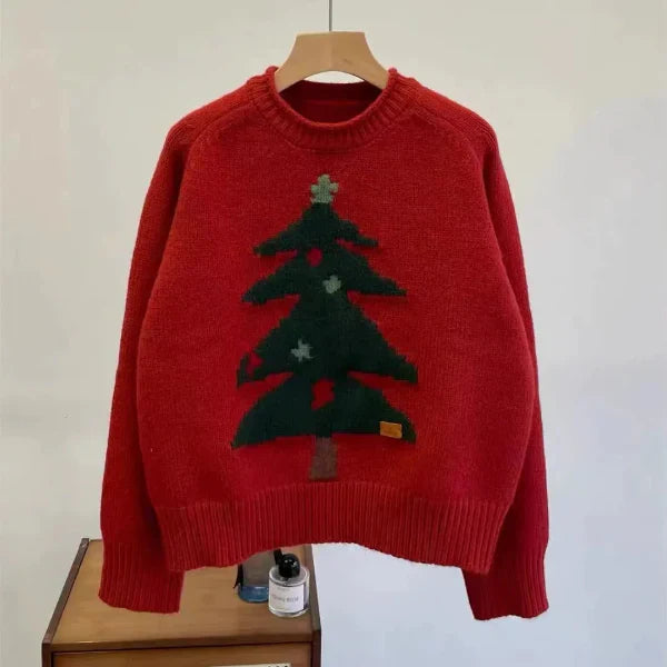 Women's wool knit pullover sweater relaxed fit crew neck with subtle tree graphic, cozy winter style