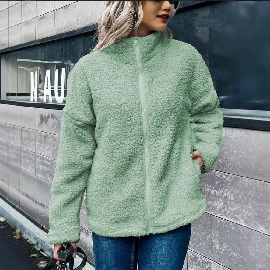 Women's oversized wool-blend fleece coat with stand collar, long sleeves, and zip closure