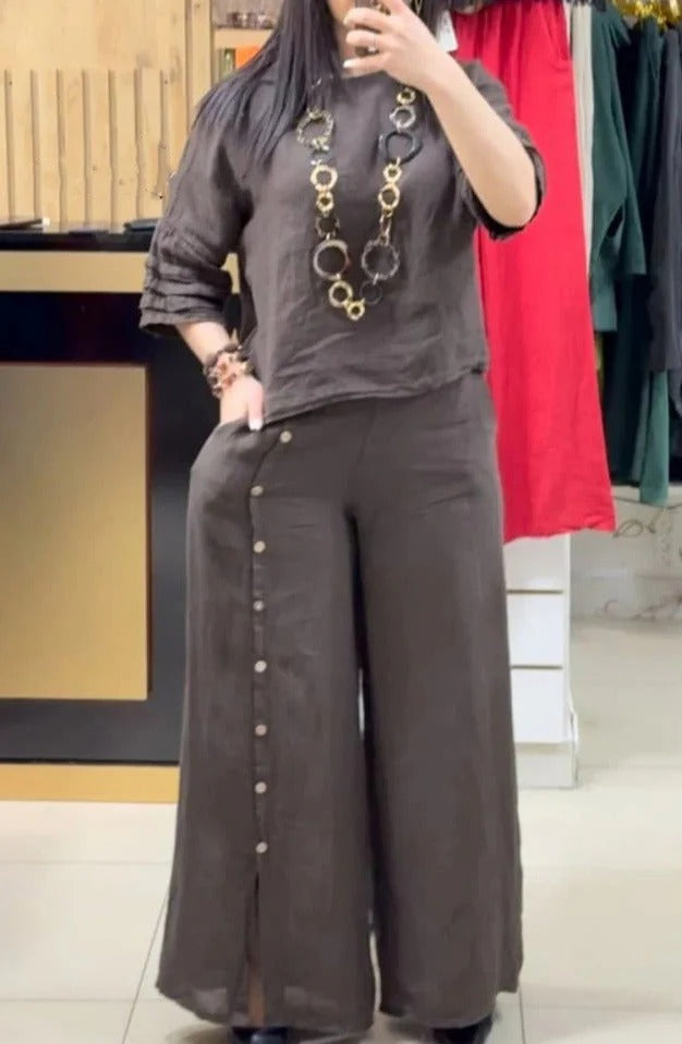 Women's beige linen two-piece set relaxed top wide-leg pants with button detail