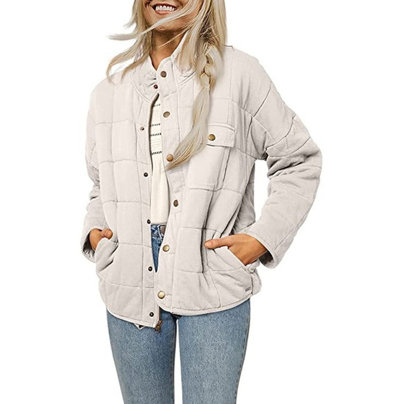 Women's mid-length quilted jacket loose fit stand collar button-front closure casual outerwear