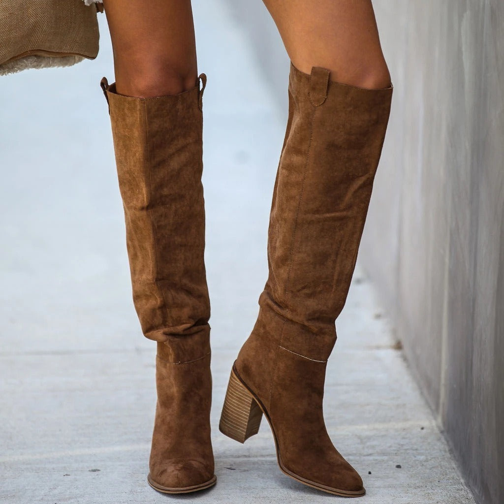 Women's over-the-knee suede-feel boots block heel pointed square toe pull-on fall winter style
