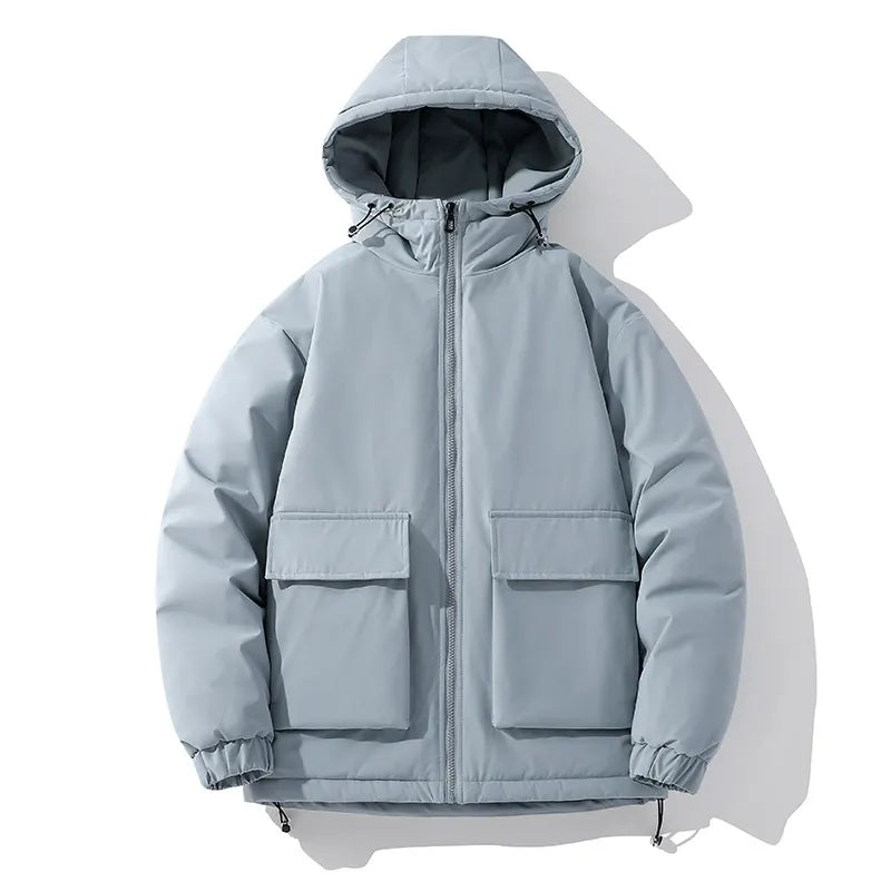 Men's oversized quilted puffer jacket with hood and front pockets, modern winter coat