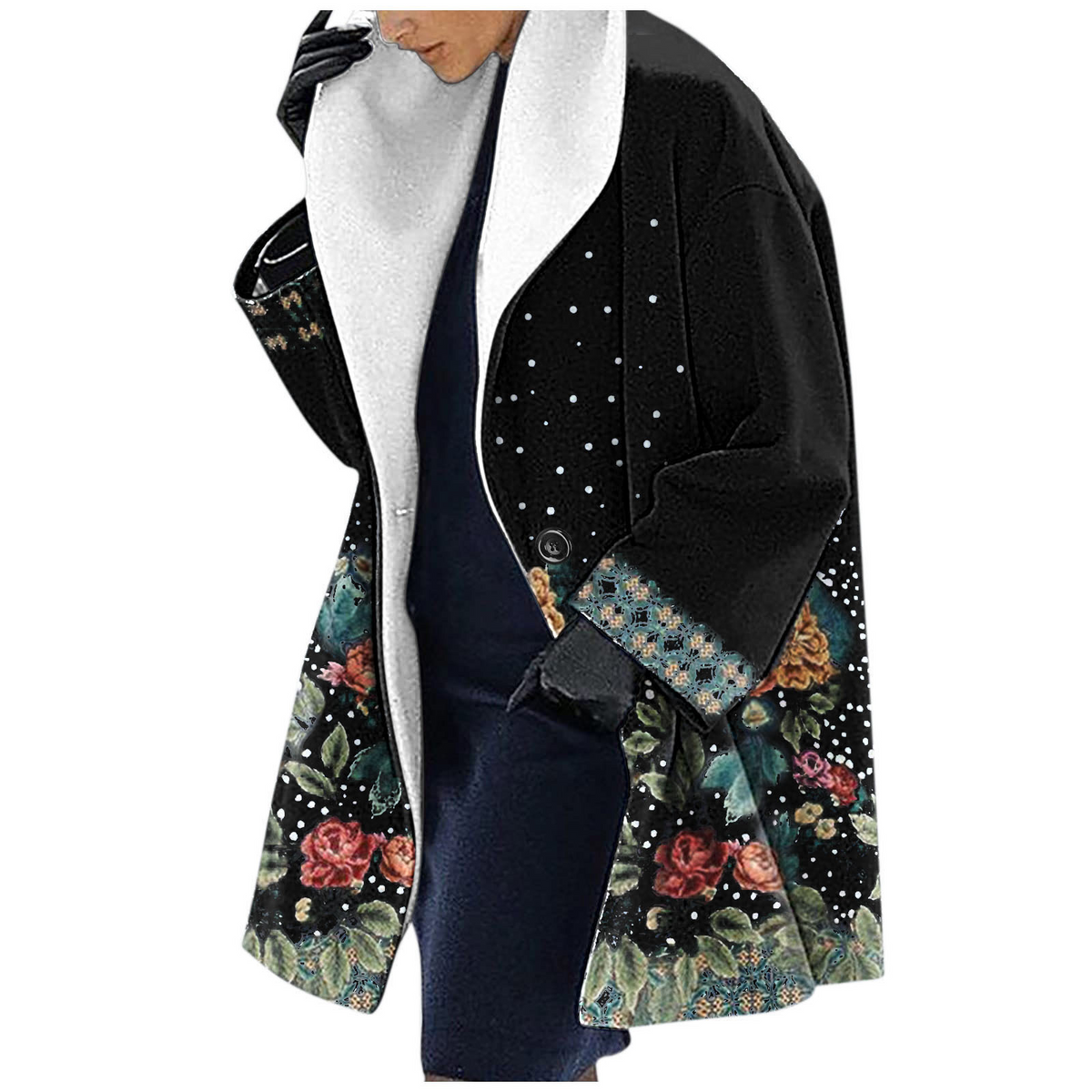 Women's wool-blend hooded jacket mid-length loose fit ethnic floral print cozy outerwear