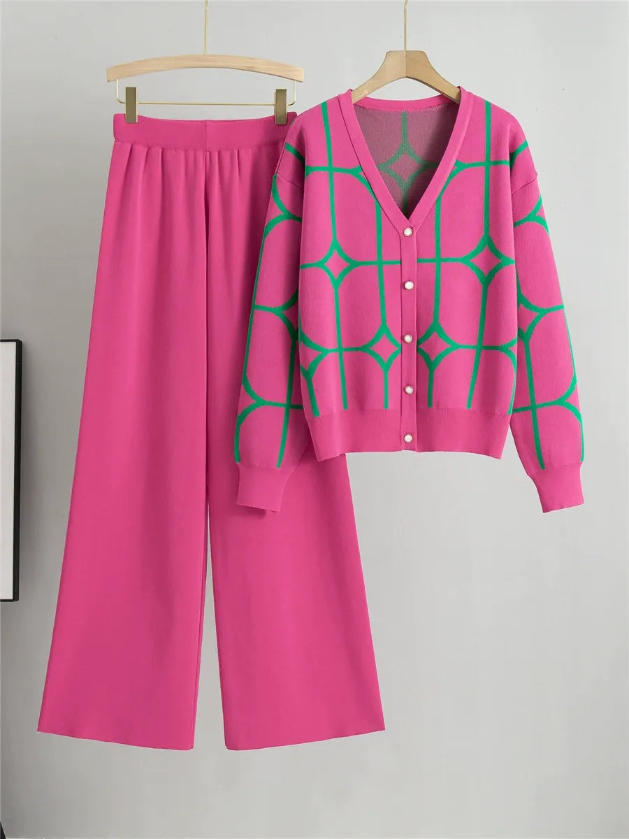 Women's knit two-piece cardigan set, relaxed cropped V-neck with bold geometric pattern