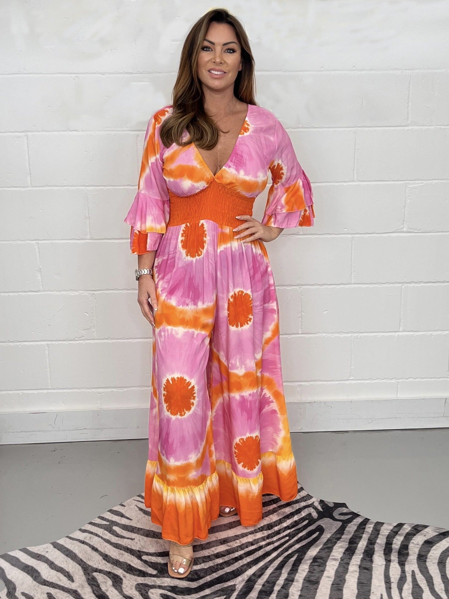 Tie-dye jumpsuit women V-neck bell sleeves relaxed flared leg colorful boho one-piece