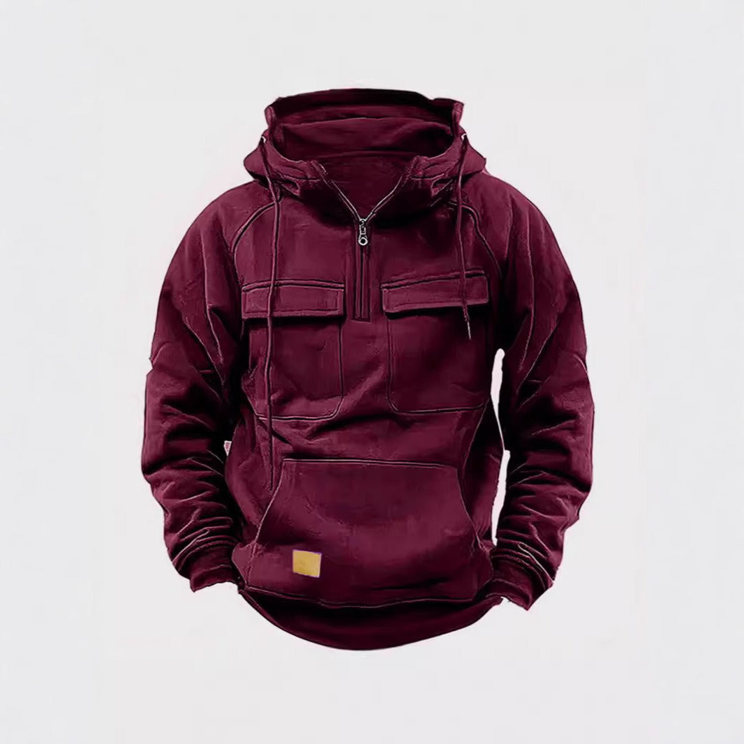 Men's relaxed fit half-zip hoodie with chest flap pockets in soft cotton fleece