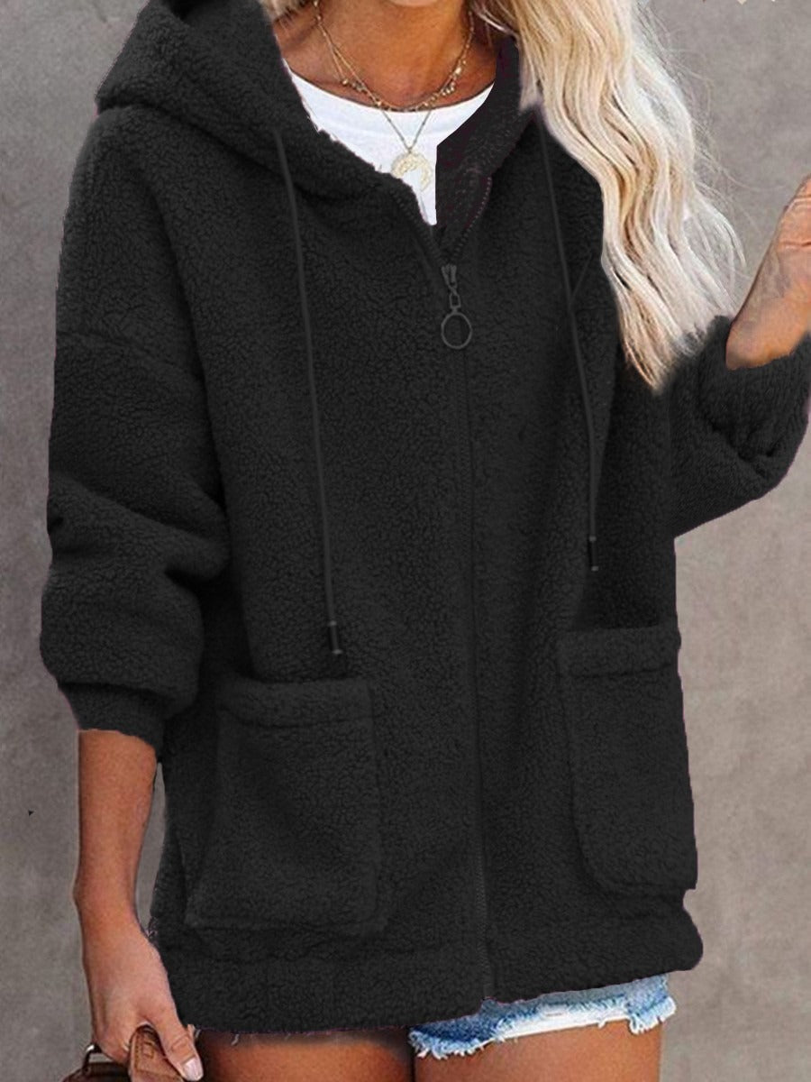Women's oversized sherpa hooded jacket with zip front and pockets, plush cozy texture for everyday warmth