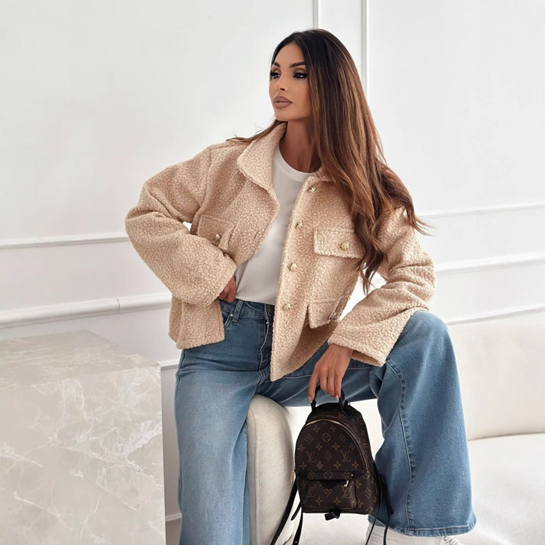 Women's faux-shearling knit jacket relaxed hip-length collared silhouette with metallic button closure