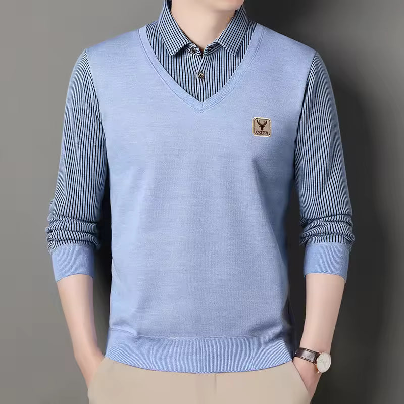 Men's slim fit knit V-neck pullover sweatshirt with faux layered plaid sleeves in casual style