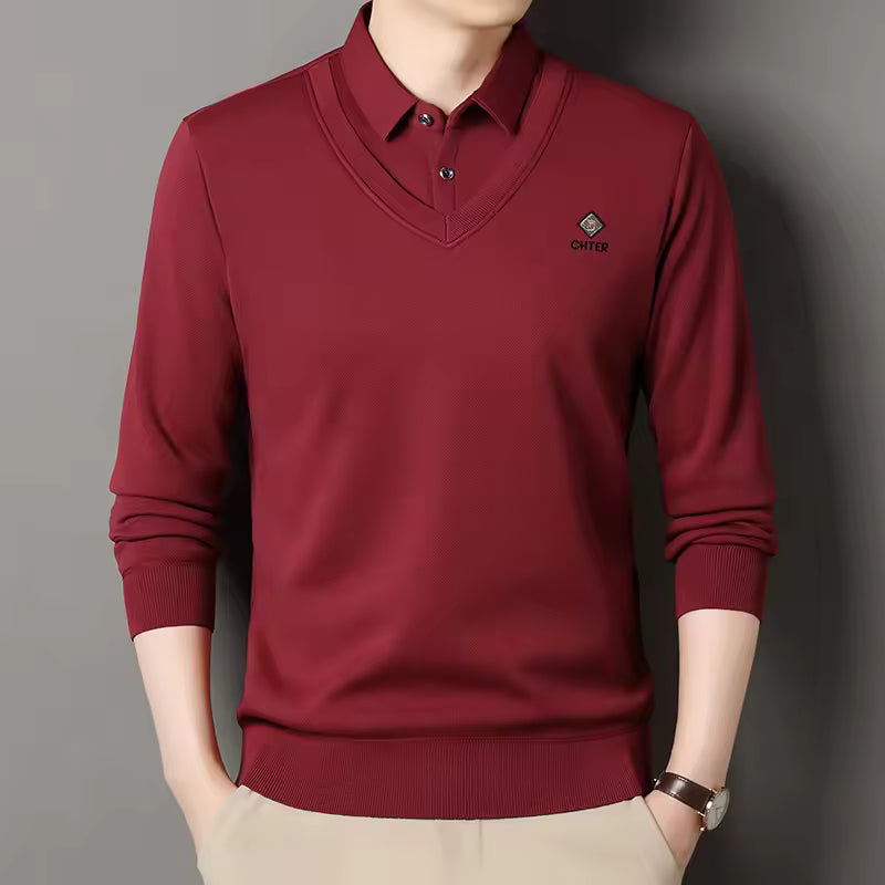 Men's slim fit fleece-lined polo collar V-neck sweater with ribbed trim in neutral tone