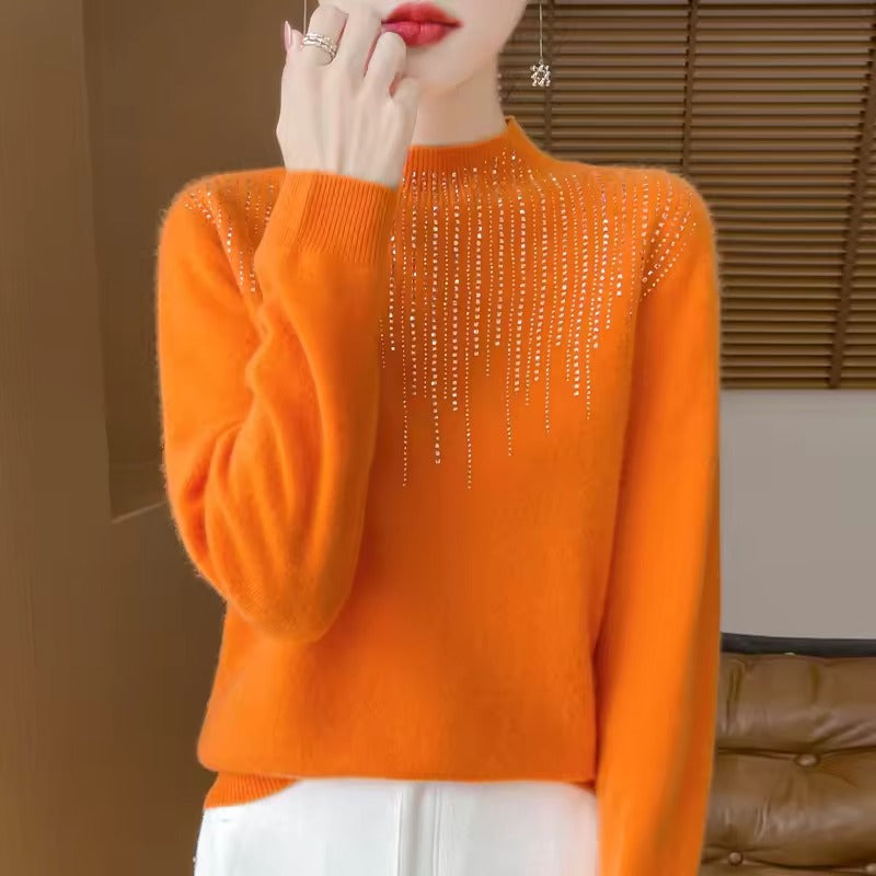 Women's cozy wool knit loose fit high neck sweater with embellished diamond pattern