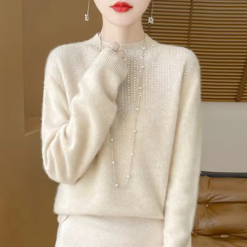 Women's cozy wool knit sweater loose fit high neck with embellished diamond pattern