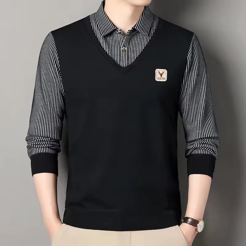 Men's slim fit knit V-neck pullover sweatshirt with faux layered plaid sleeves in casual Nordic style