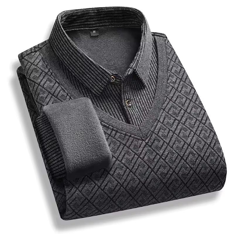 Men's dark navy thick knit fleece-lined polo neck pullover sweater regular fit winter essential
