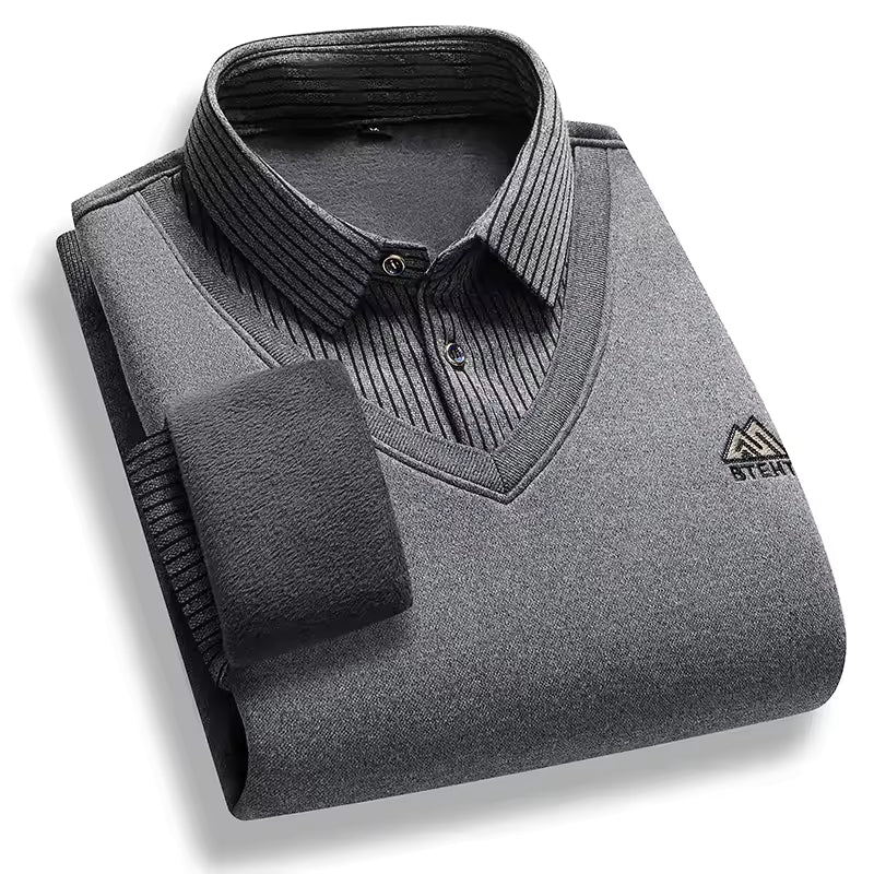 Men's dark navy thick knit fleece-lined polo neck pullover sweater regular fit winter essential