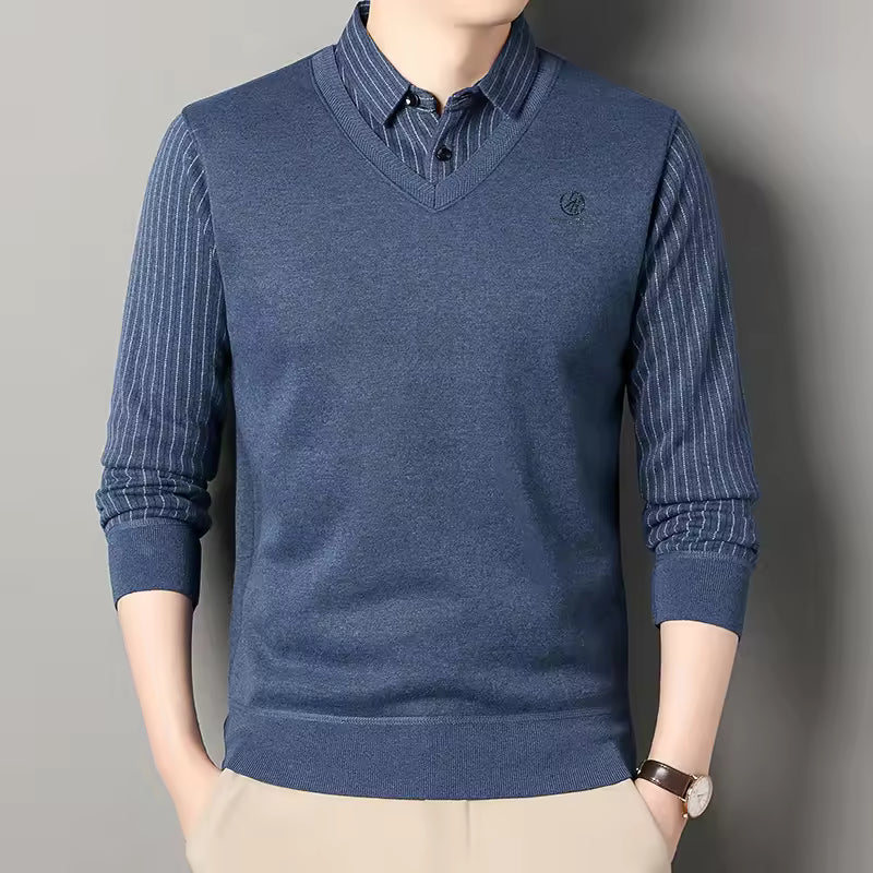 Men's slim fit fleece-lined polo collar V-neck sweater with ribbed trim in neutral tone