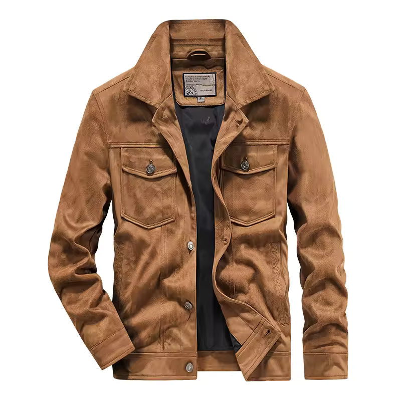 Men's slim fit suede-look jacket in neutral tone with button front chest pockets