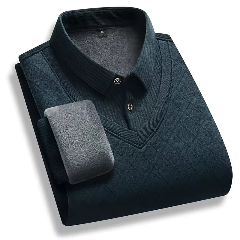 Men's dark polo neck pullover sweater thick fleece-lined knit regular fit warm winter essential