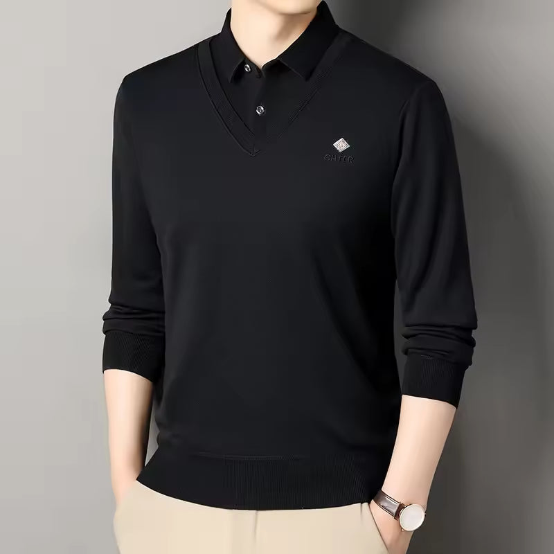 Men's slim fit fleece-lined polo collar sweater in neutral tone with ribbed trim and V-neck detail