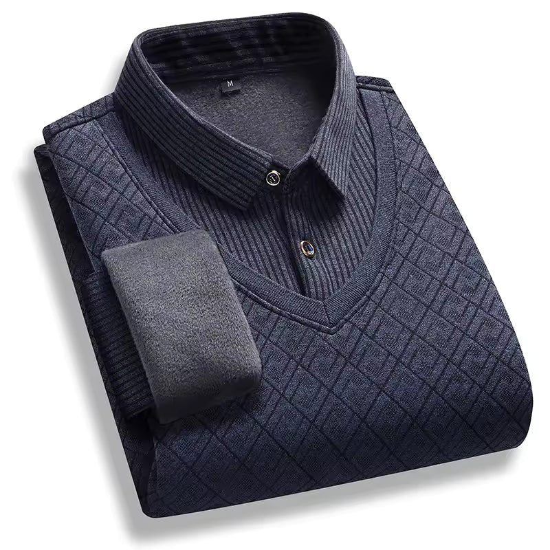 Men's dark navy polo neck pullover sweater thick fleece-lined knit regular fit winter essential