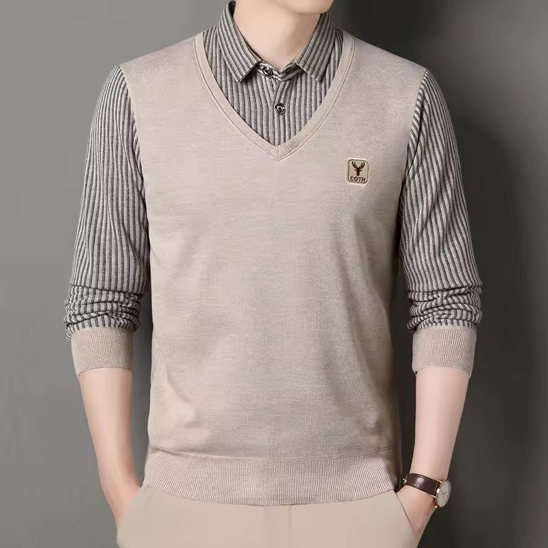 Men's slim fit knit V-neck pullover sweatshirt with faux layered plaid sleeves in casual Nordic style