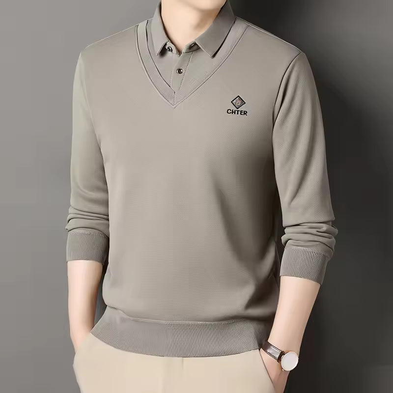 Men's slim fit fleece-lined polo collar V-neck sweater with ribbed trim in neutral tones