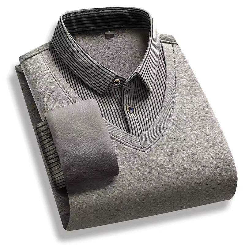 Men's thick knit fleece-lined polo neck pullover sweater, regular fit warm winter essential