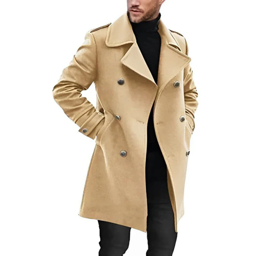 Men's wool-blend double-breasted trench coat tailored fit mid-length professional style