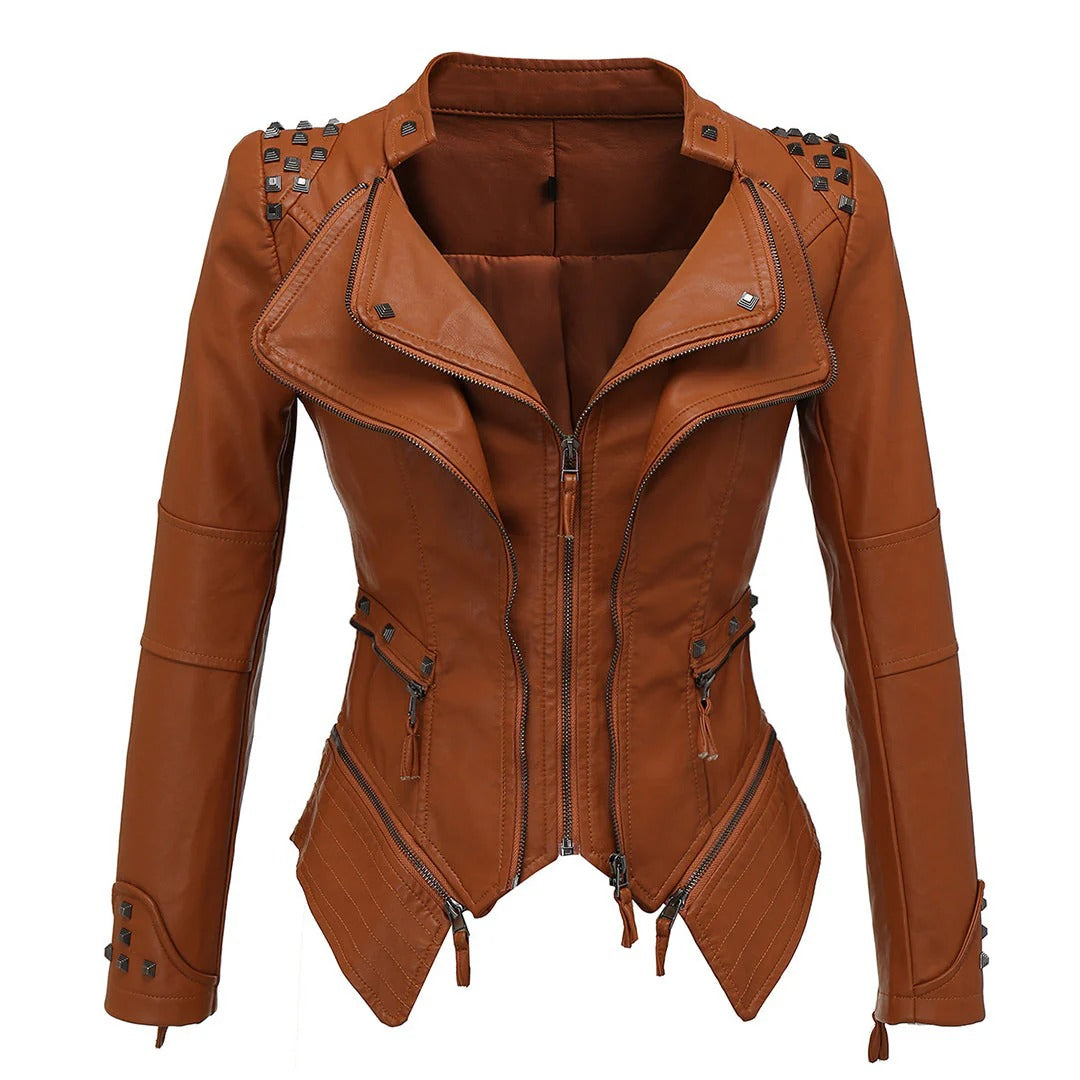 Women black PU leather slim-fit biker jacket with studded shoulders and asymmetrical zip