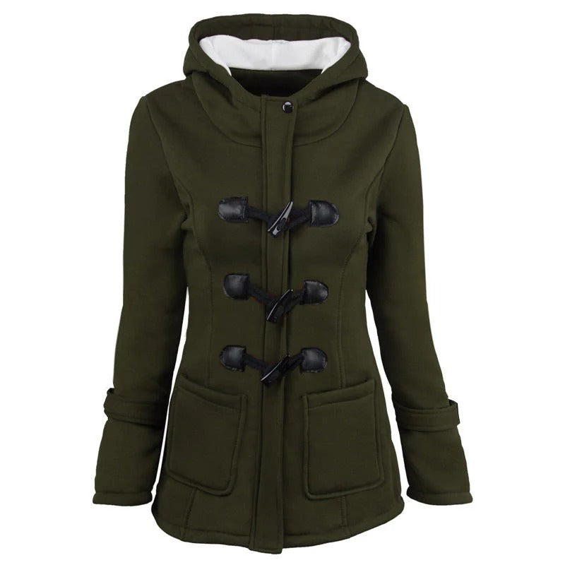 Women's structured cotton blend hooded jacket with toggle closure, hip length, chic everyday style
