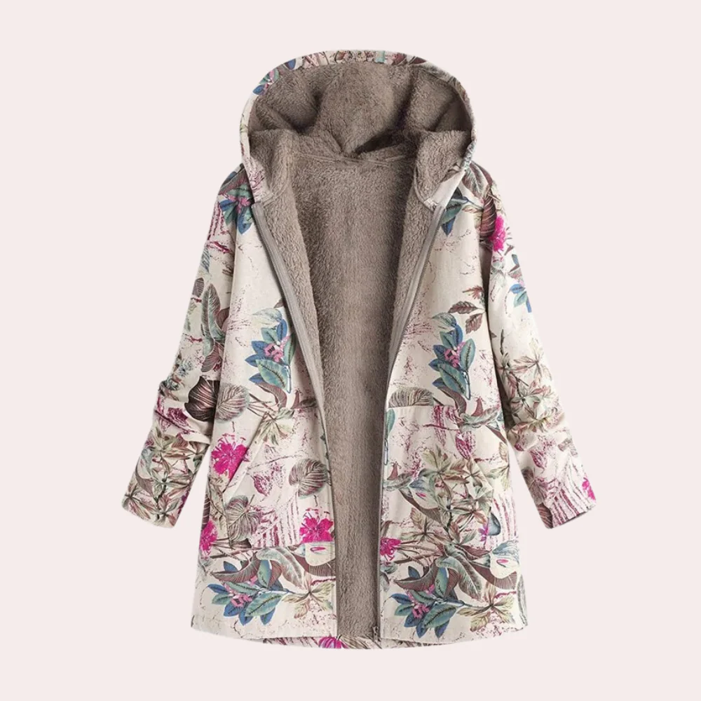 Women's relaxed-fit hooded jacket in floral print with plush lining, hip-length cozy outerwear