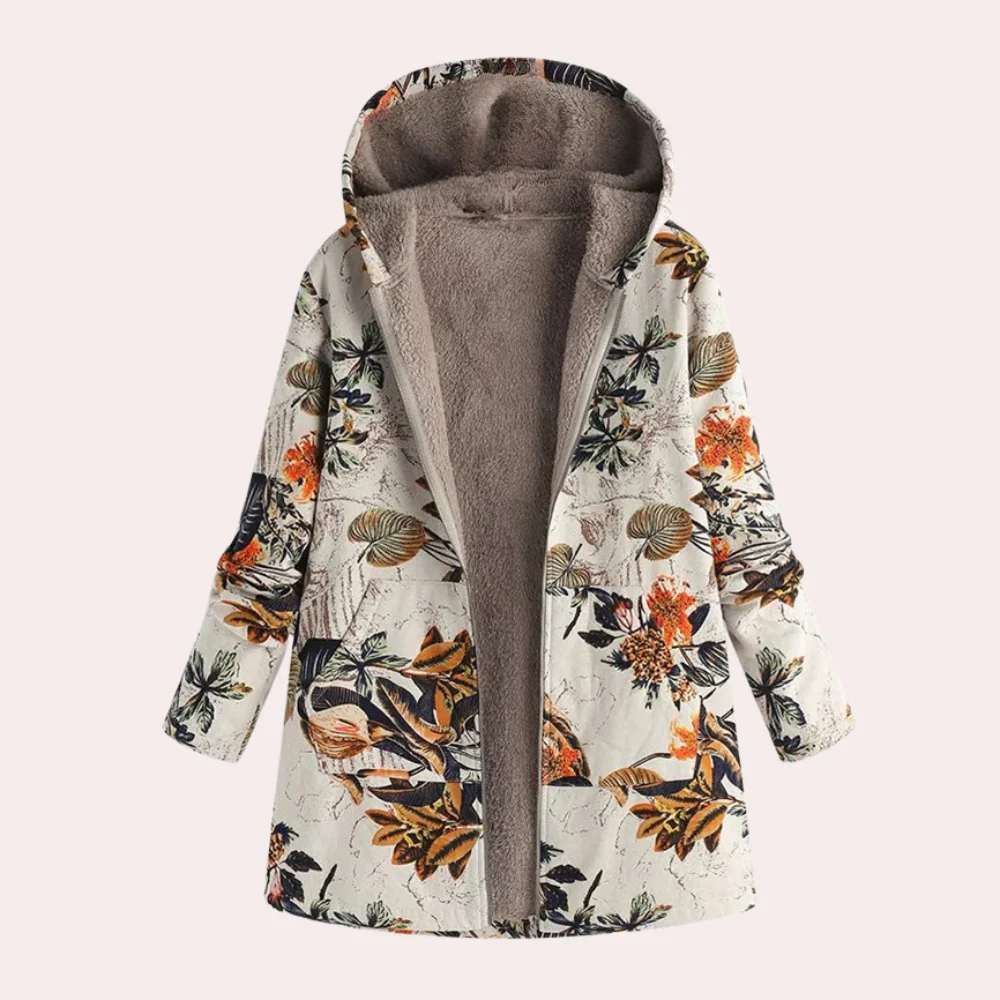 Women's relaxed-fit floral print hooded jacket with plush lining, hip length, botanical pattern