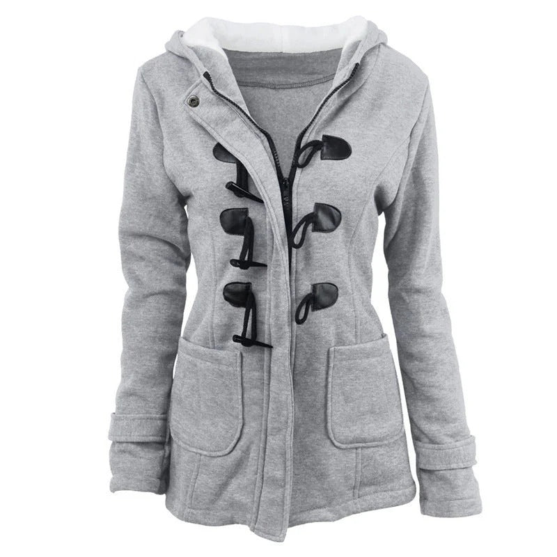 Women's structured chic hooded jacket cotton blend hip-length toggle closure versatile everyday style